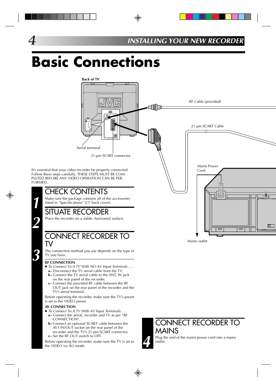 Basic connections, Check contents, Situate recorder | Connect recorder to tv, Connect recorder to mains, Installing your new recorder | JVC HR-A230EK User Manual | Page 4 / 40