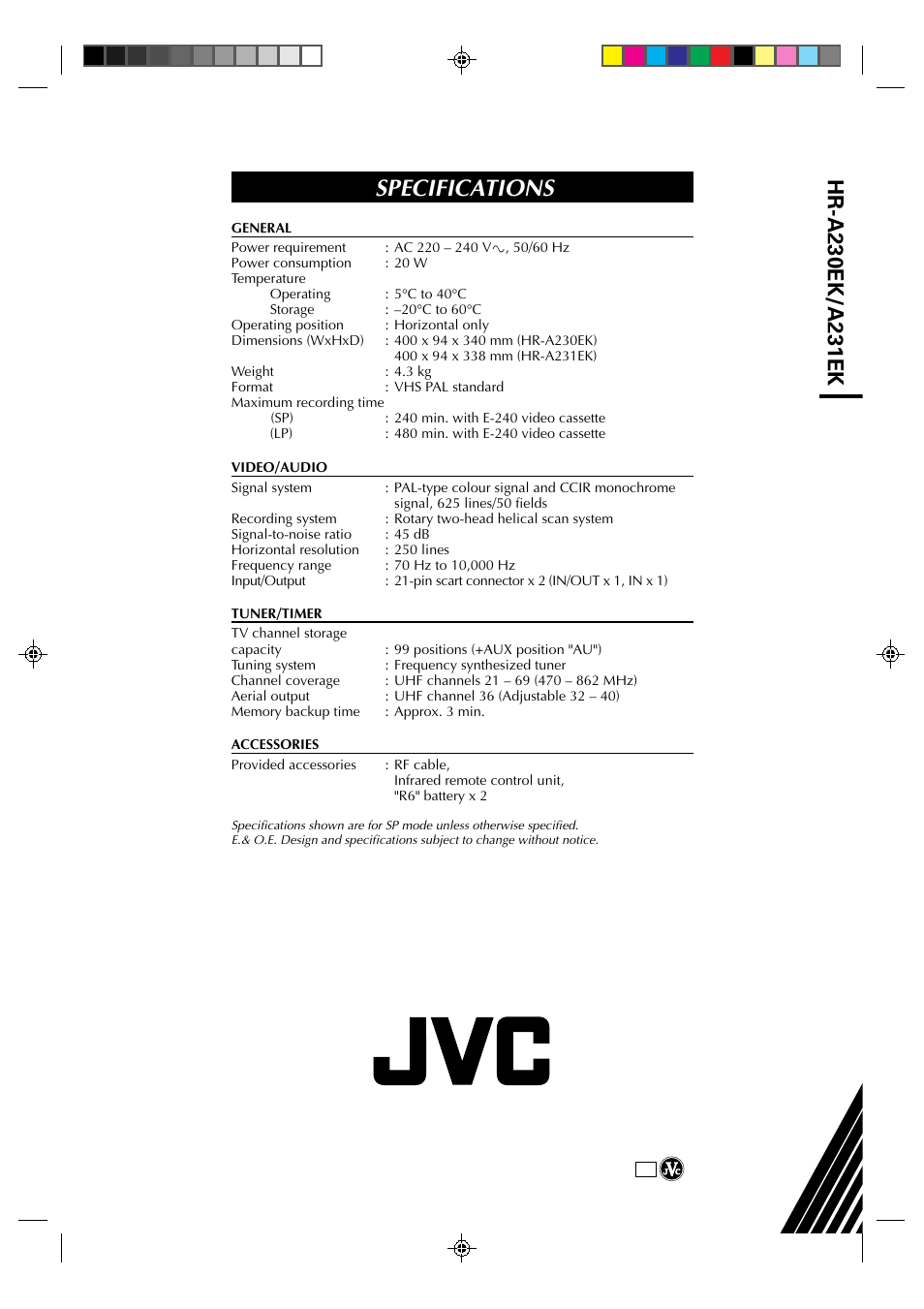 Specifications | JVC HR-A230EK User Manual | Page 40 / 40