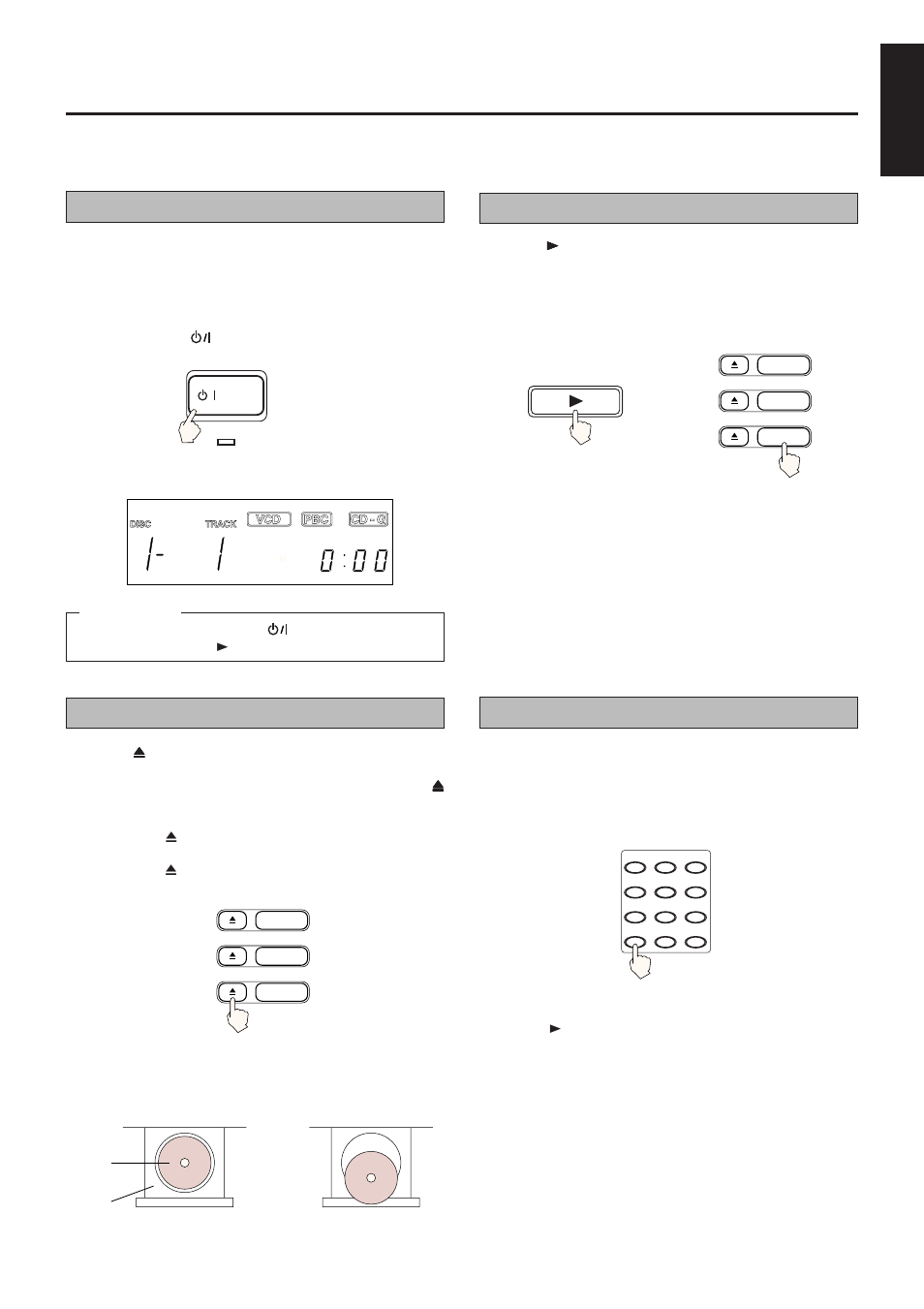 Basic playback (video cd) (cont'd), Preparation for playing, Inserting/removing the disc(s) | Starting to play disc(s), Using number keys, English | JVC HR-VCD1 User Manual | Page 11 / 32