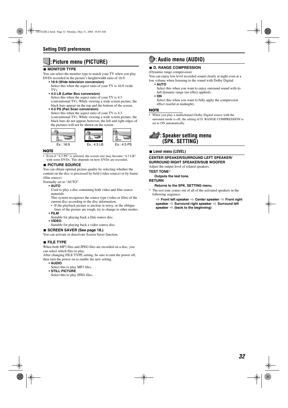 Picture menu (picture), Audio menu (audio), Speaker setting menu (spk. setting) | Setting dvd preferences | JVC SP-THS1F User Manual | Page 35 / 44