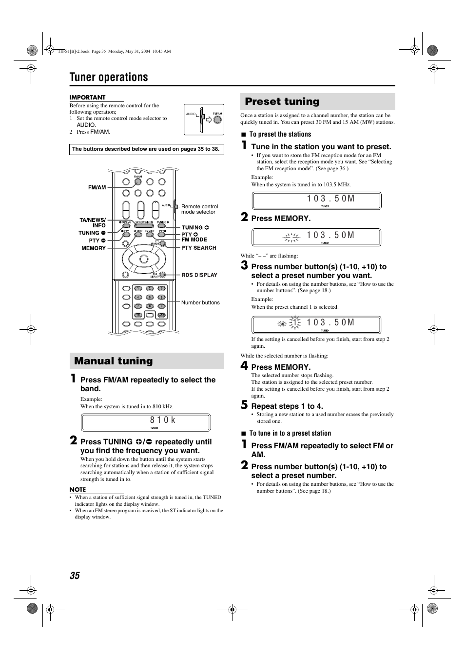 Tuner operations, Manual tuning, Preset tuning | JVC SP-THS1F User Manual | Page 38 / 44