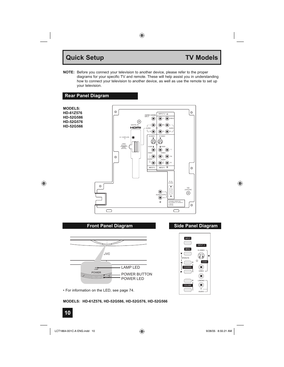 Quick setup tv models, Rear panel diagram side panel diagram, Front panel diagram | Lamp power | JVC HD-61Z576 User Manual | Page 10 / 80