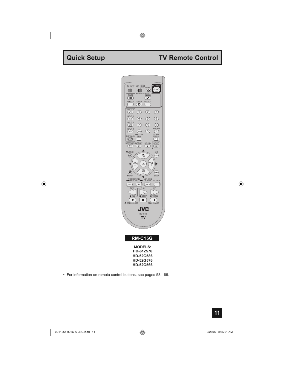Quick setup tv remote control, Rm-c15g | JVC HD-61Z576 User Manual | Page 11 / 80