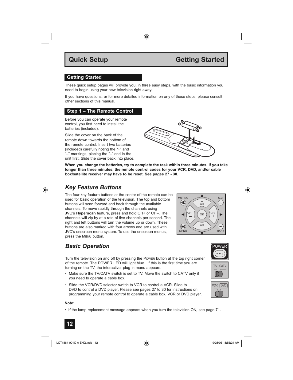 Quick setup getting started, Key feature buttons, Basic operation | Getting started step 1 – the remote control | JVC HD-61Z576 User Manual | Page 12 / 80