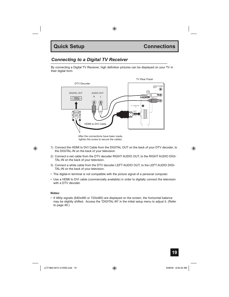 Quick setup connections, Connecting to a digital tv receiver | JVC HD-61Z576 User Manual | Page 19 / 80