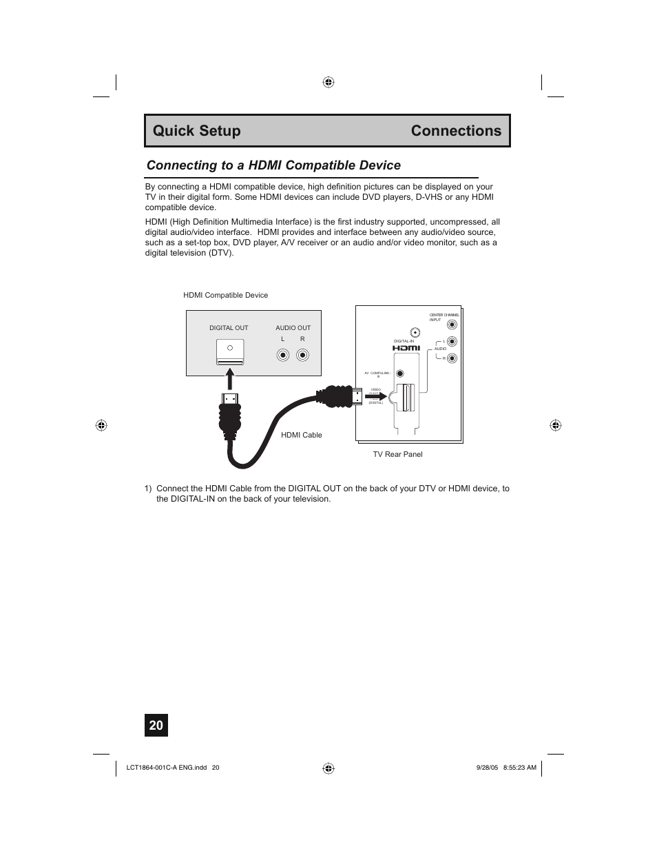Quick setup connections, Connecting to a hdmi compatible device | JVC HD-61Z576 User Manual | Page 20 / 80
