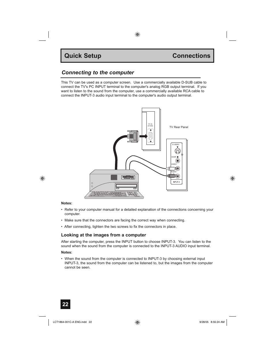 Quick setup connections, Connecting to the computer, Looking at the images from a computer | JVC HD-61Z576 User Manual | Page 22 / 80