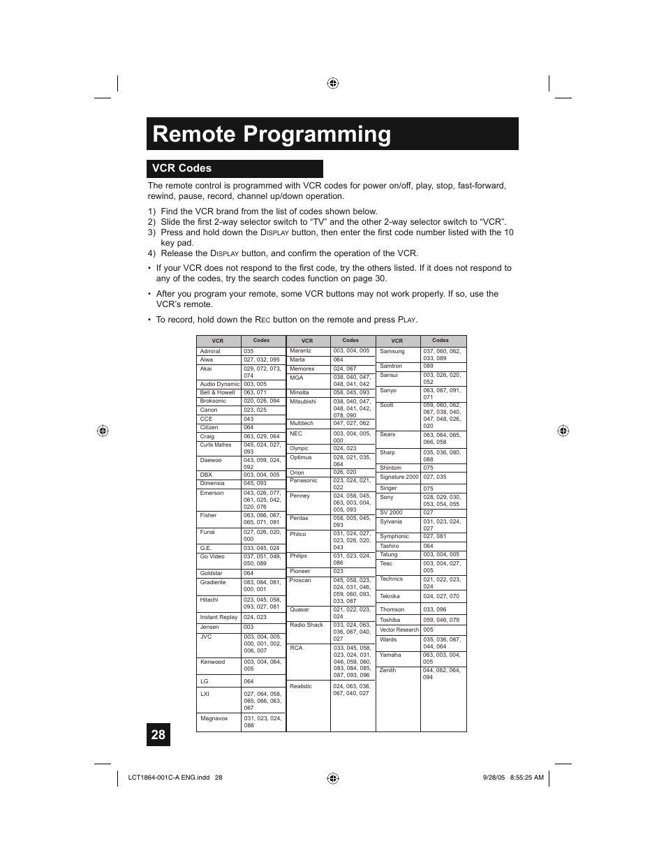 Remote programming, Vcr codes, Button on the remote and press p | JVC HD-61Z576 User Manual | Page 28 / 80