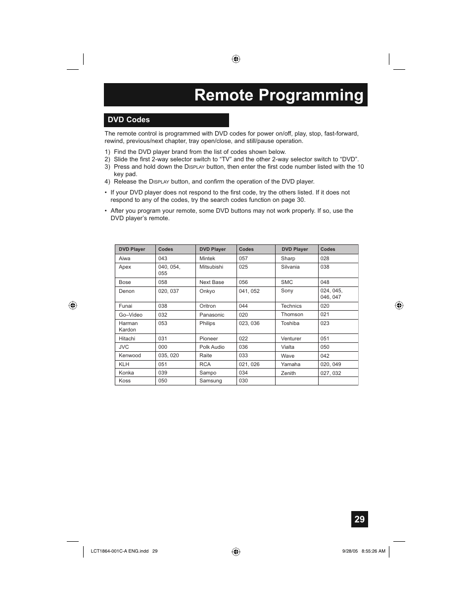 Remote programming, Dvd codes | JVC HD-61Z576 User Manual | Page 29 / 80