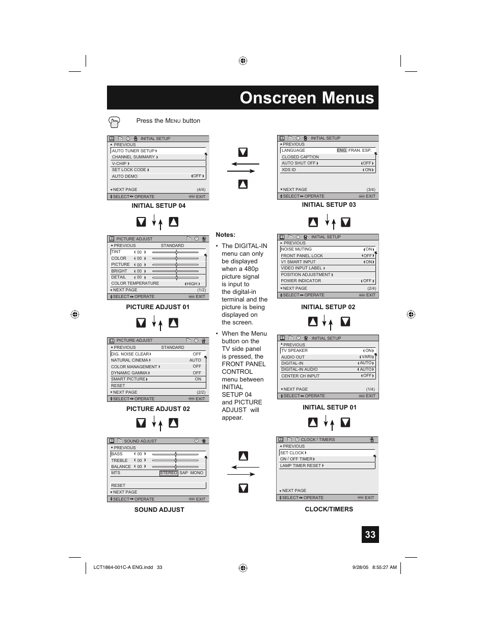 Onscreen menus, Press the m, Button | Clock/timers, Initial setup 03 initial setup 02, Initial setup 01 | JVC HD-61Z576 User Manual | Page 33 / 80