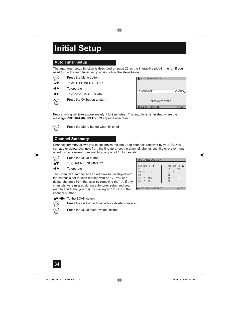 Initial setup, Auto tuner setup, Channel summary | JVC HD-61Z576 User Manual | Page 34 / 80