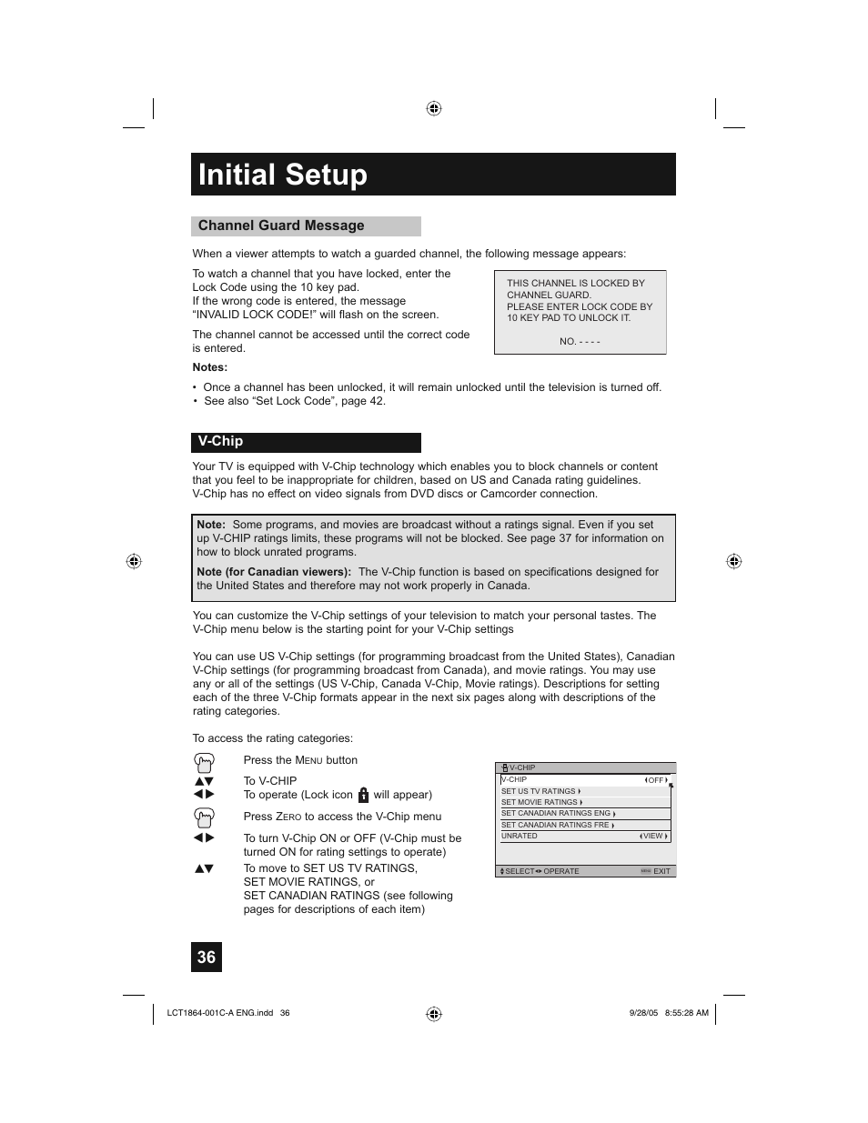 Initial setup, Channel guard message, V-chip | JVC HD-61Z576 User Manual | Page 36 / 80