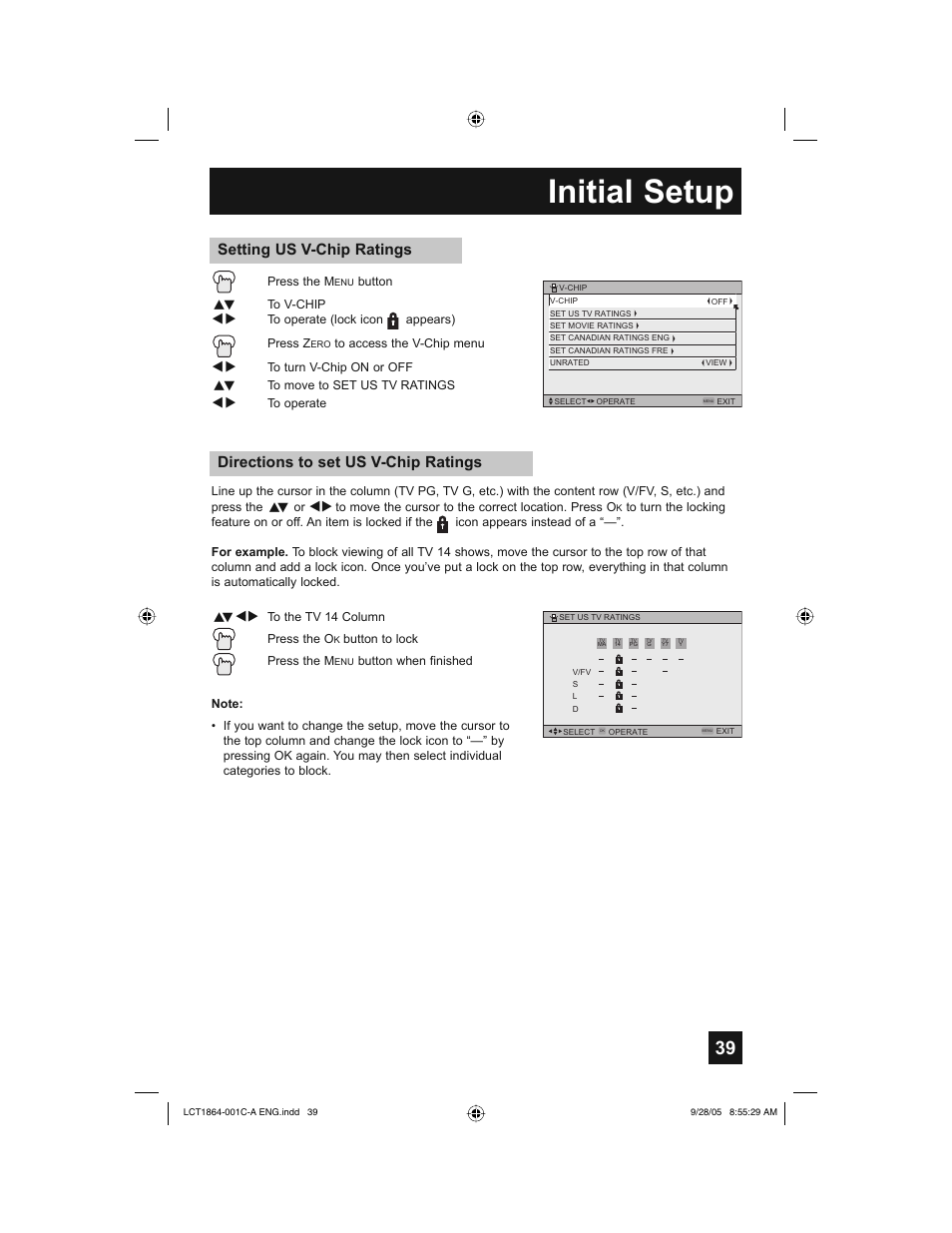 Initial setup, Directions to set us v-chip ratings, Setting us v-chip ratings | JVC HD-61Z576 User Manual | Page 39 / 80