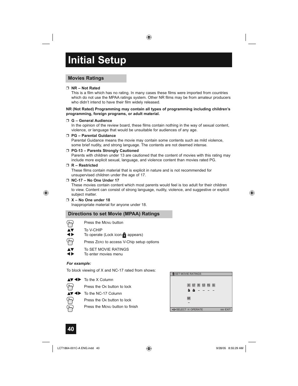 Initial setup, Movies ratings, Directions to set movie (mpaa) ratings | JVC HD-61Z576 User Manual | Page 40 / 80