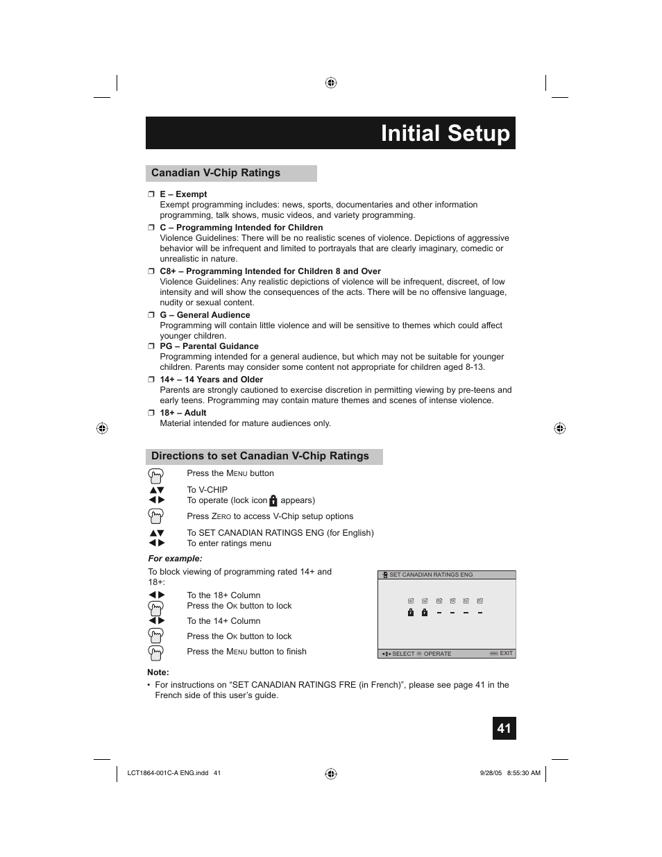 Initial setup, Directions to set canadian v-chip ratings, Canadian v-chip ratings | JVC HD-61Z576 User Manual | Page 41 / 80