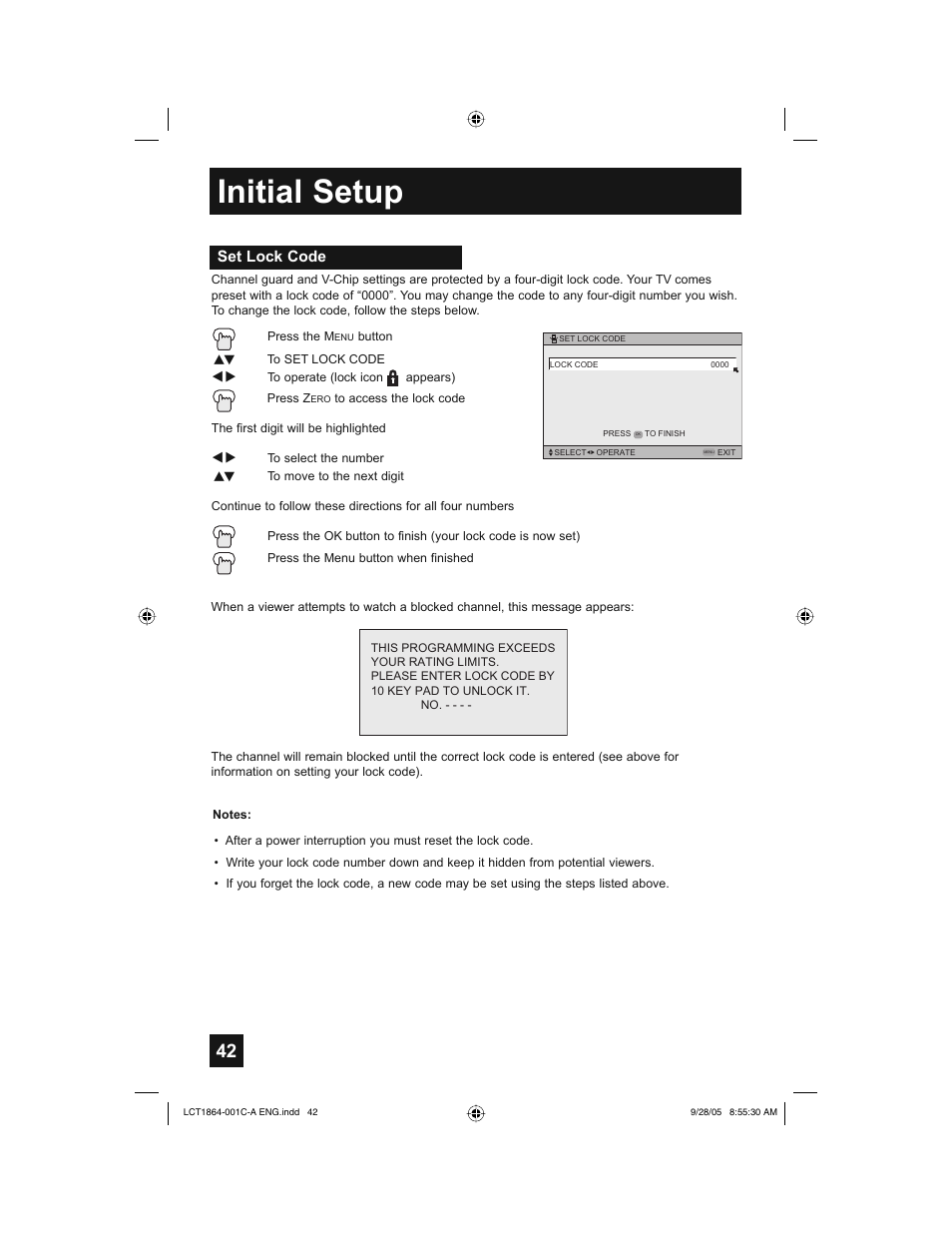 Initial setup, Set lock code | JVC HD-61Z576 User Manual | Page 42 / 80