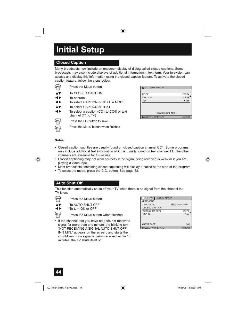 Initial setup, Closed caption, Auto shut off | JVC HD-61Z576 User Manual | Page 44 / 80
