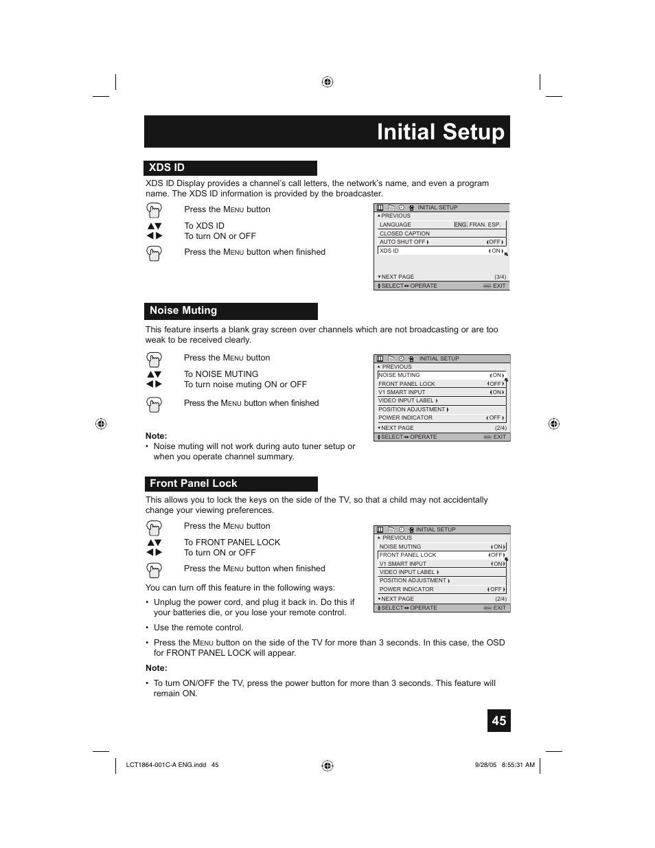 Initial setup, Xds id, Noise muting | Front panel lock | JVC HD-61Z576 User Manual | Page 45 / 80