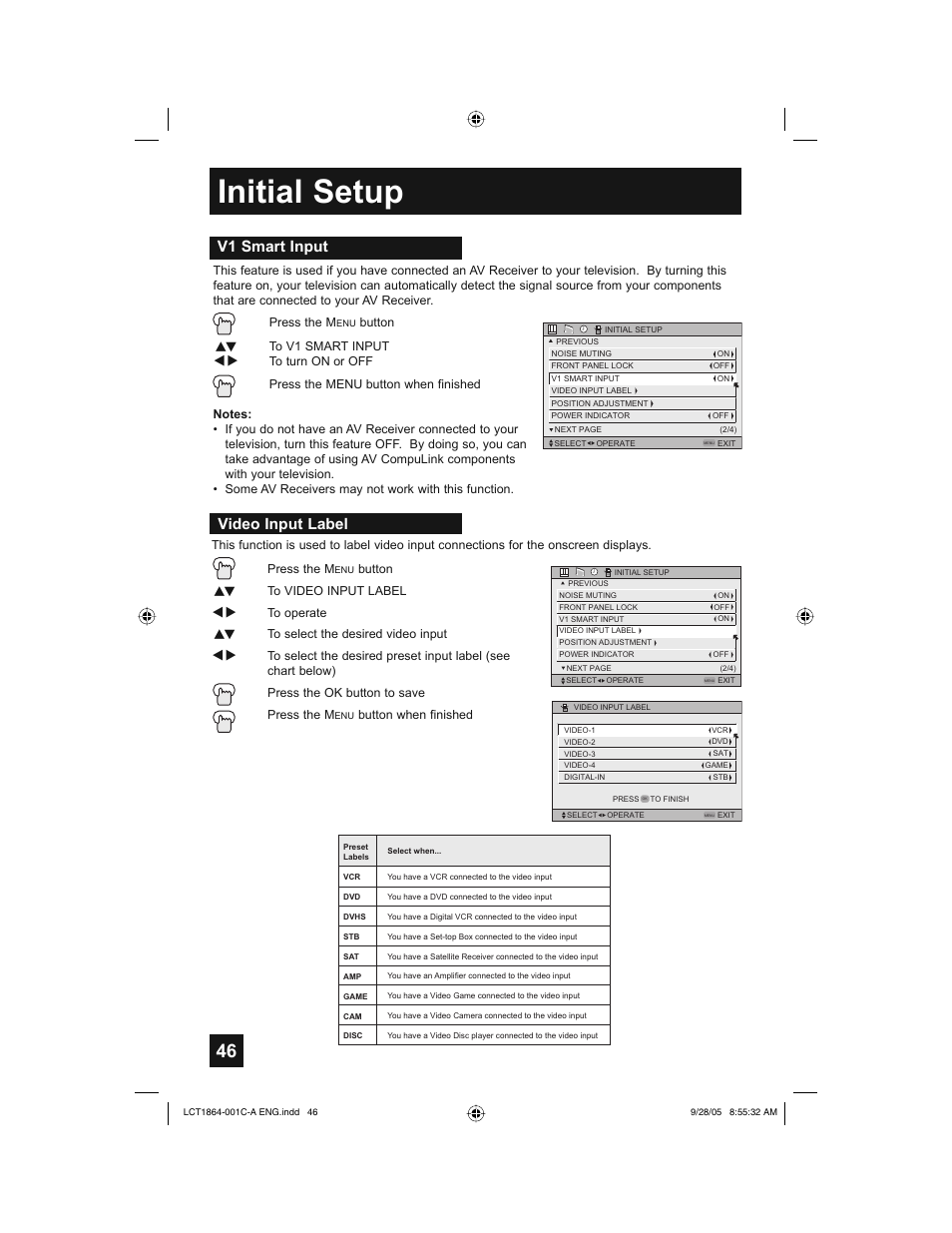 Initial setup, V1 smart input, Video input label | JVC HD-61Z576 User Manual | Page 46 / 80
