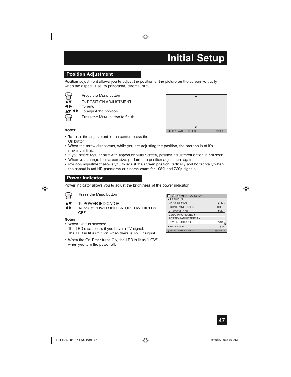 Initial setup, Position adjustment, Power indicator | JVC HD-61Z576 User Manual | Page 47 / 80