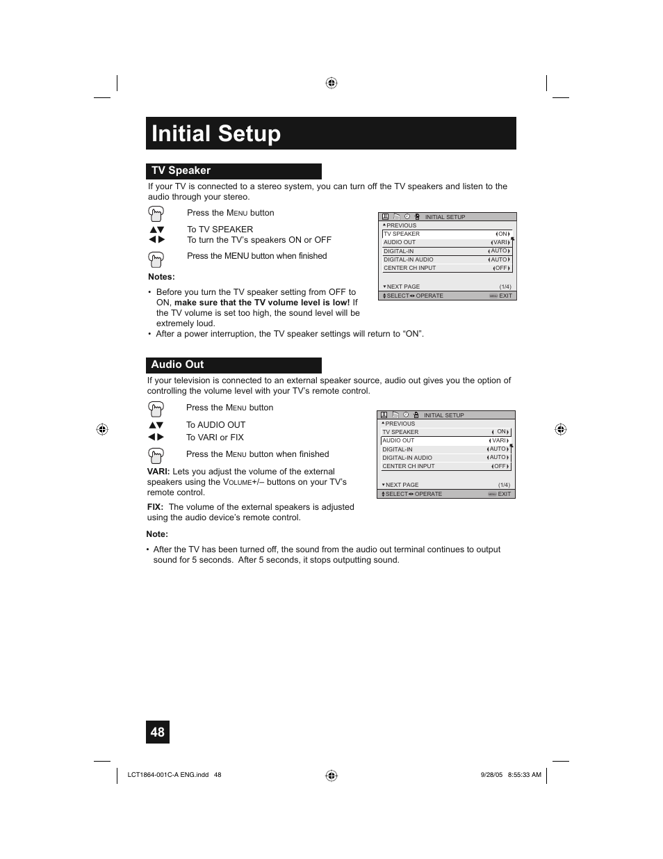 Initial setup, Audio out, Tv speaker | JVC HD-61Z576 User Manual | Page 48 / 80