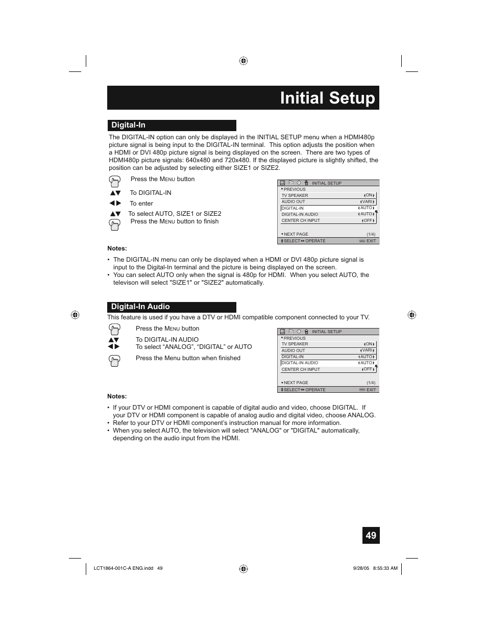 Initial setup, Digital-in, Digital-in audio | JVC HD-61Z576 User Manual | Page 49 / 80
