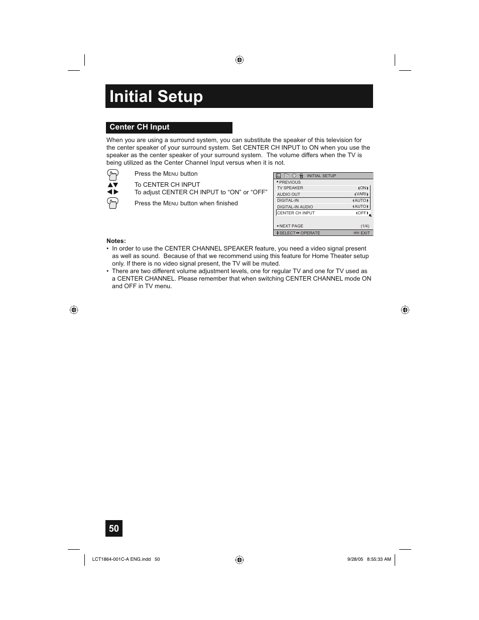Initial setup, Center ch input | JVC HD-61Z576 User Manual | Page 50 / 80