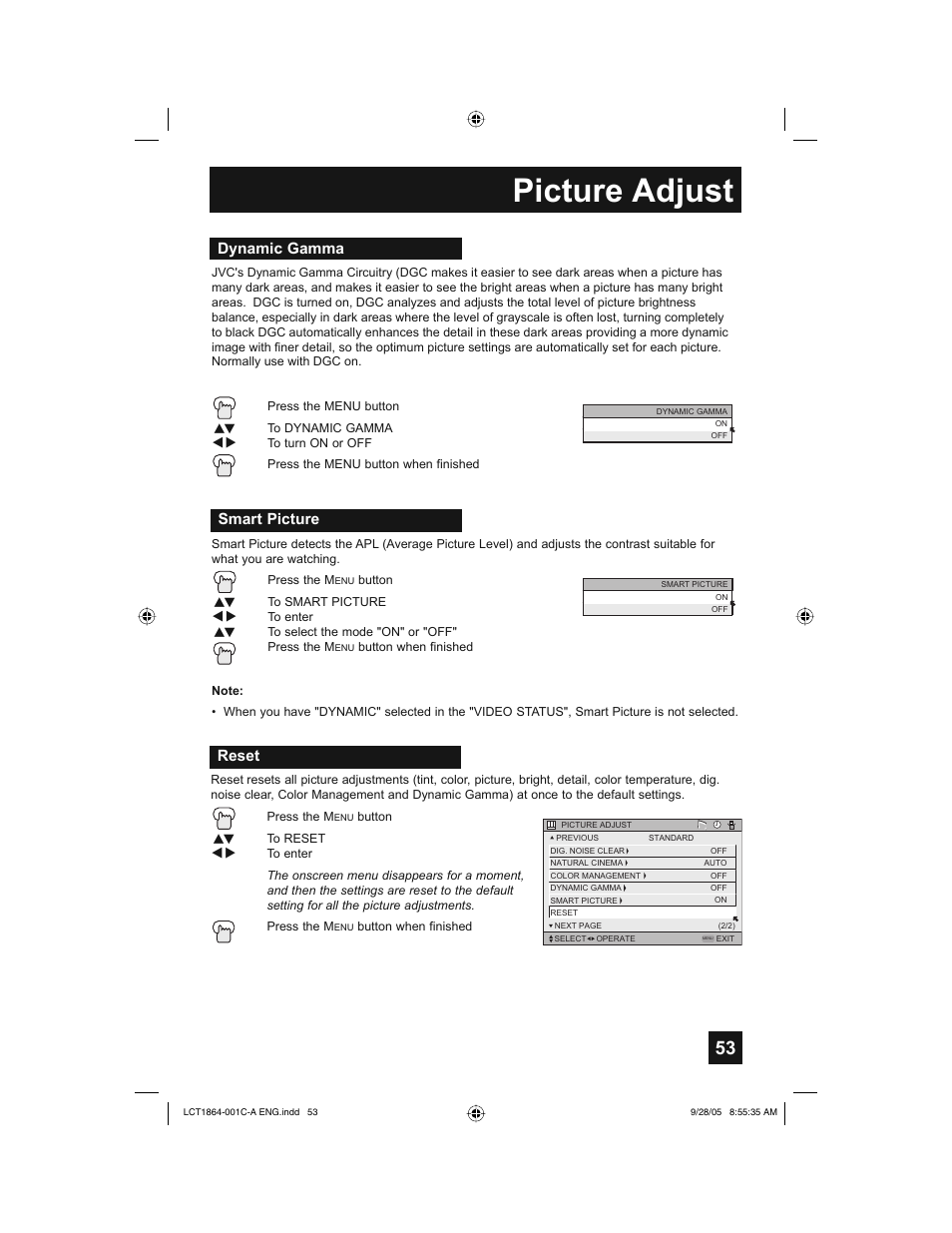 Picture adjust, Reset, Dynamic gamma | Smart picture | JVC HD-61Z576 User Manual | Page 53 / 80