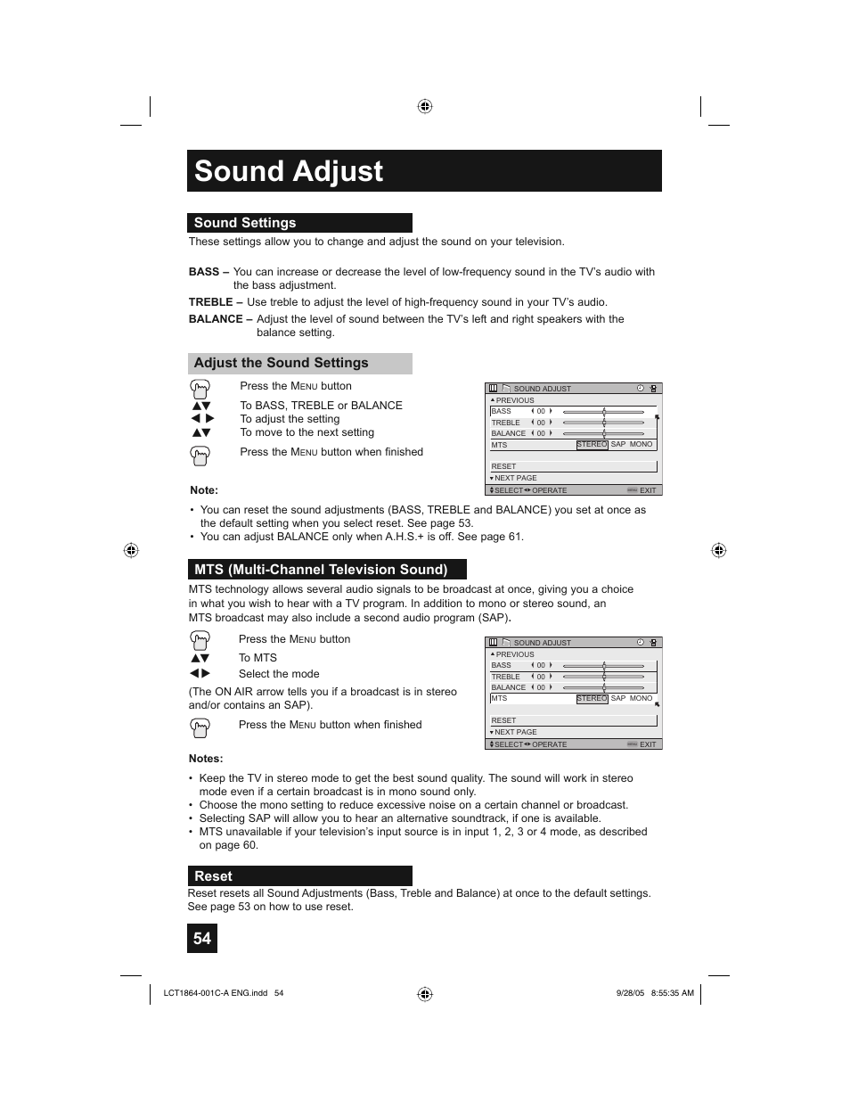 Sound adjust, Reset | JVC HD-61Z576 User Manual | Page 54 / 80
