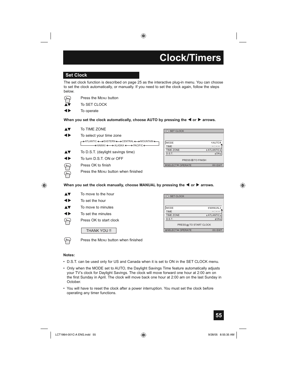 Clock/timers, Set clock | JVC HD-61Z576 User Manual | Page 55 / 80