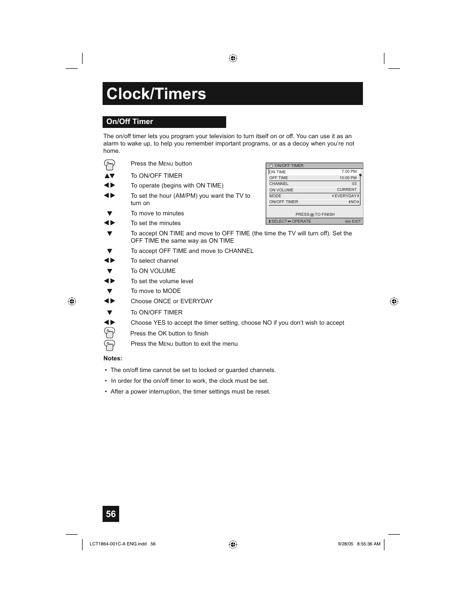 Clock/timers, On/off timer | JVC HD-61Z576 User Manual | Page 56 / 80