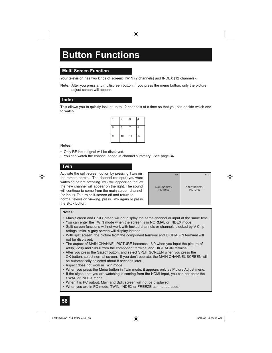 Button functions, Multi screen function, Index | Twin | JVC HD-61Z576 User Manual | Page 58 / 80