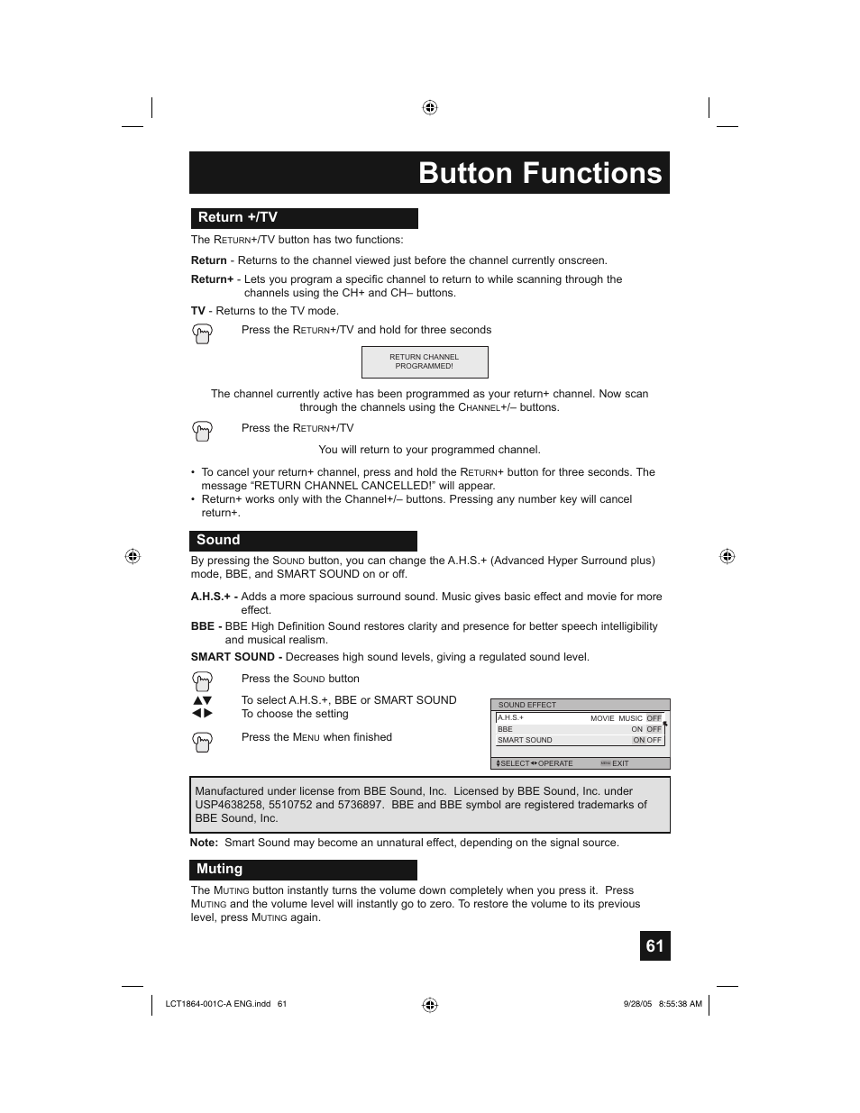 Button functions, Return +/tv, Sound | Muting | JVC HD-61Z576 User Manual | Page 61 / 80