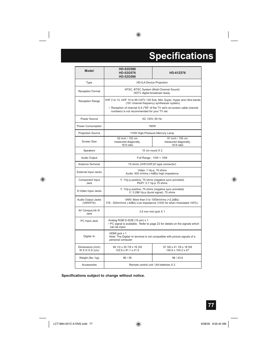Specifications | JVC HD-61Z576 User Manual | Page 77 / 80