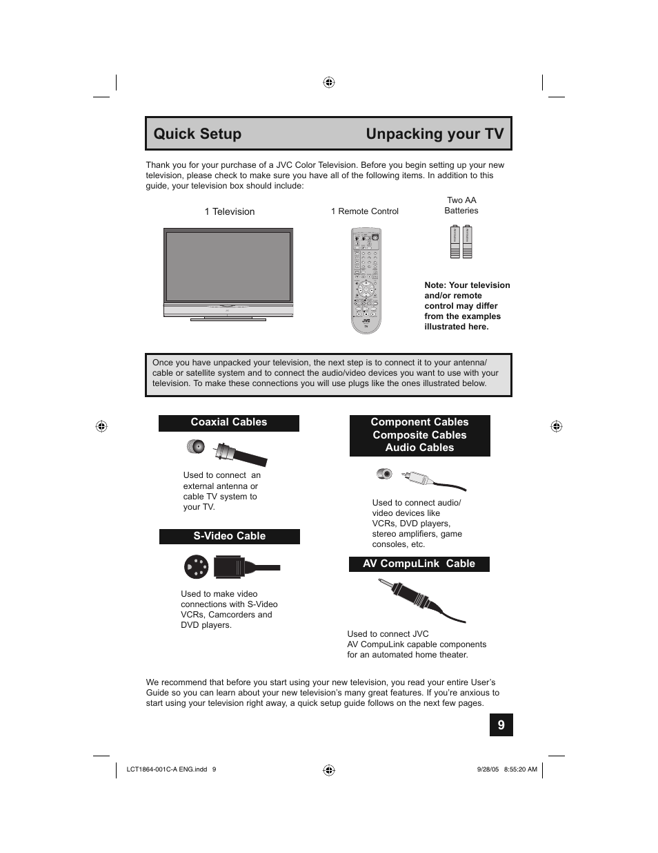 Quick setup unpacking your tv, Coaxial cables s-video cable, Component cables composite cables audio cables | Av compulink cable | JVC HD-61Z576 User Manual | Page 9 / 80