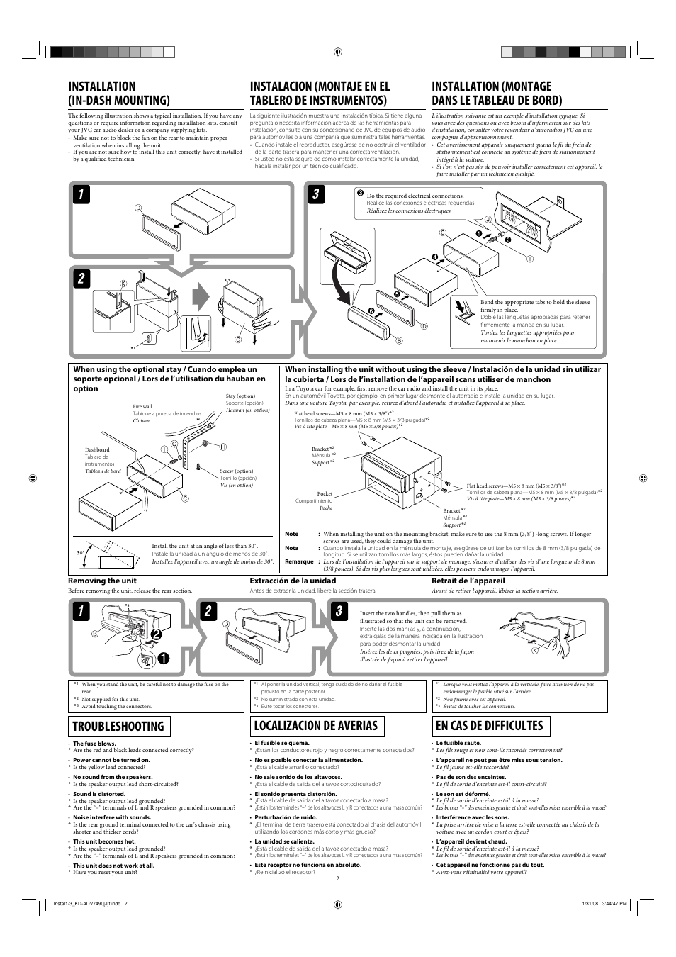 Installation (in-dash mounting), Installation (montage dans le tableau de bord), Troubleshooting | Localizacion de averias, En cas de difficultes | JVC KD-DV7400 User Manual | Page 2 / 6