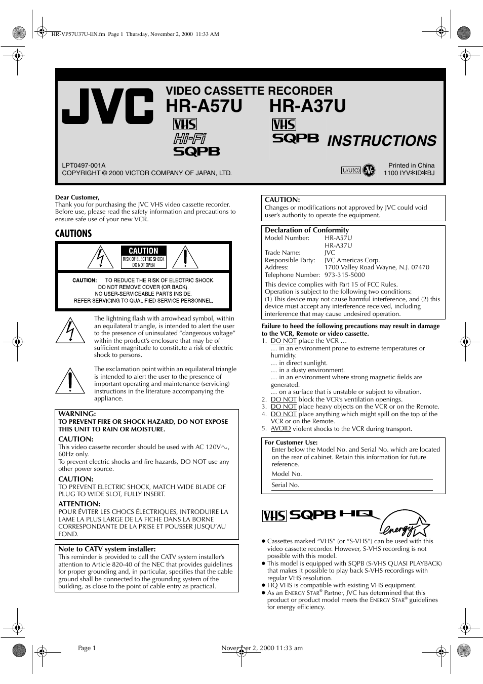 JVC HR-A57U User Manual | 16 pages