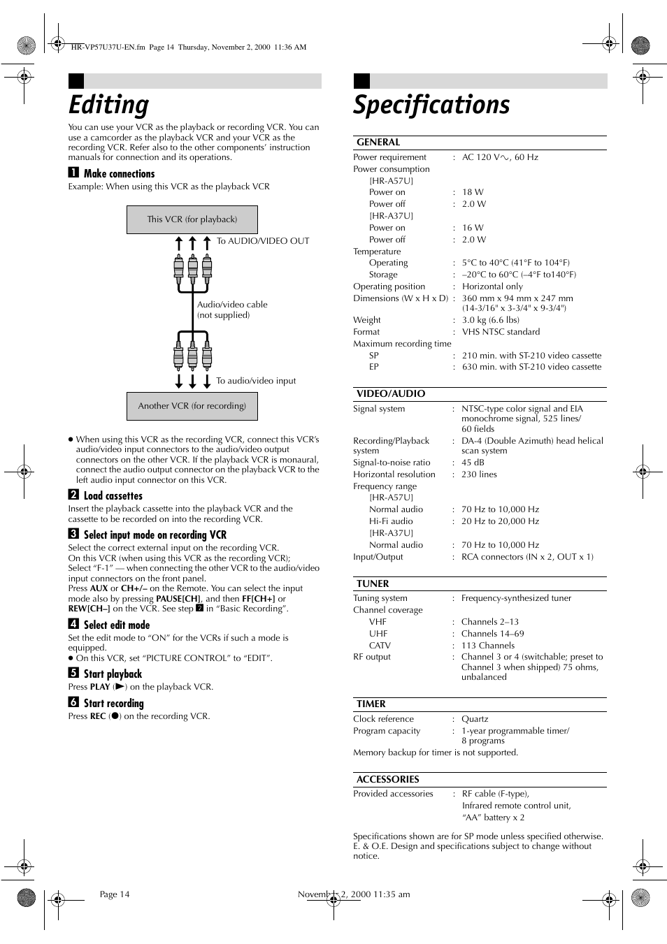 Editing, Specifications | JVC HR-A57U User Manual | Page 14 / 16