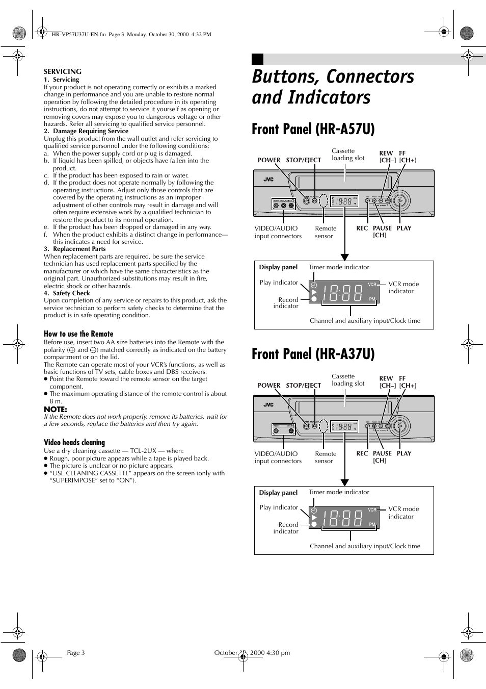 Buttons, connectors and indicators, Front panel (hr-a57u) front panel (hr-a37u) | JVC HR-A57U User Manual | Page 3 / 16