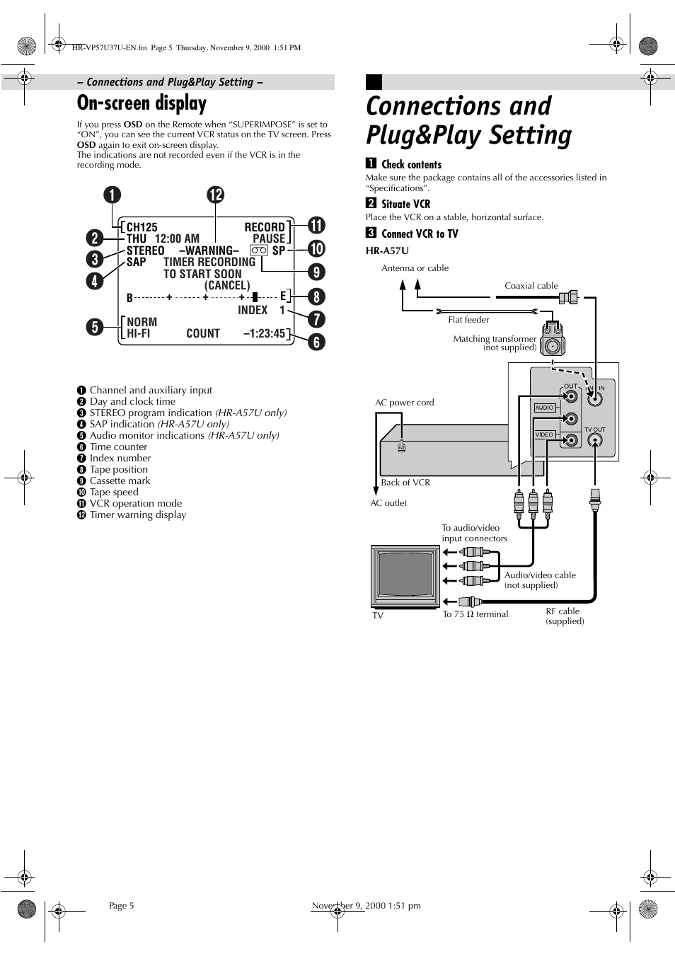 On-screen display, Connections and plug&play setting | JVC HR-A57U User Manual | Page 5 / 16
