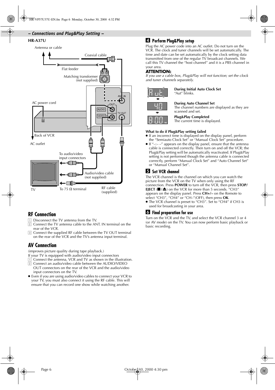 Rf connection, Av connection | JVC HR-A57U User Manual | Page 6 / 16