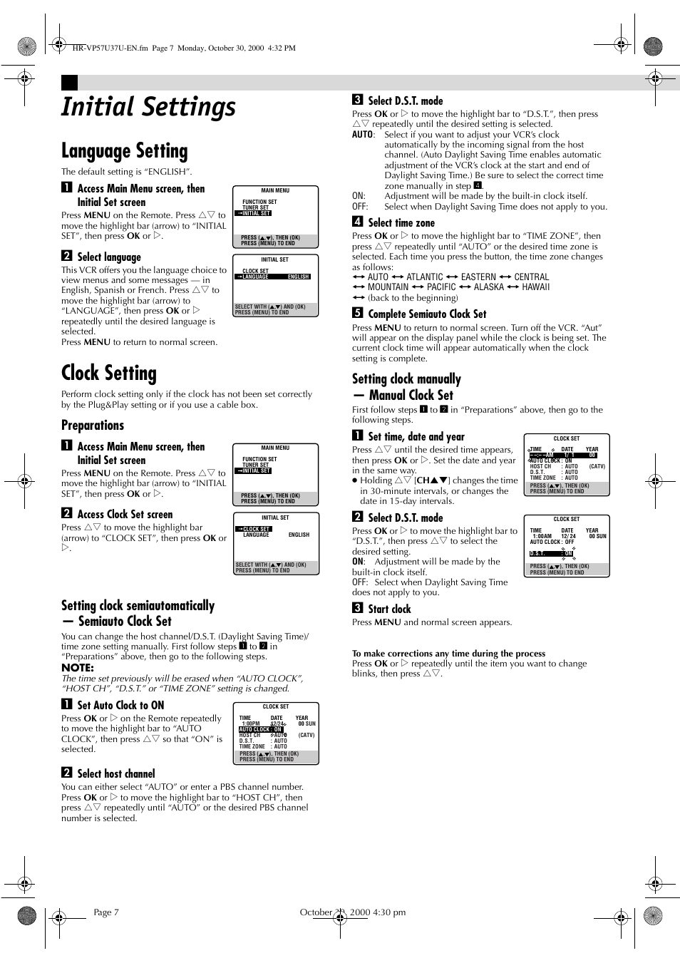 Initial settings, Language setting, Clock setting | Setting clock semiautomatically, Setting clock manually, Preparations a, Setting clock manually — manual clock set, Access main menu screen, then initial set screen, Select language, Access clock set screen | JVC HR-A57U User Manual | Page 7 / 16