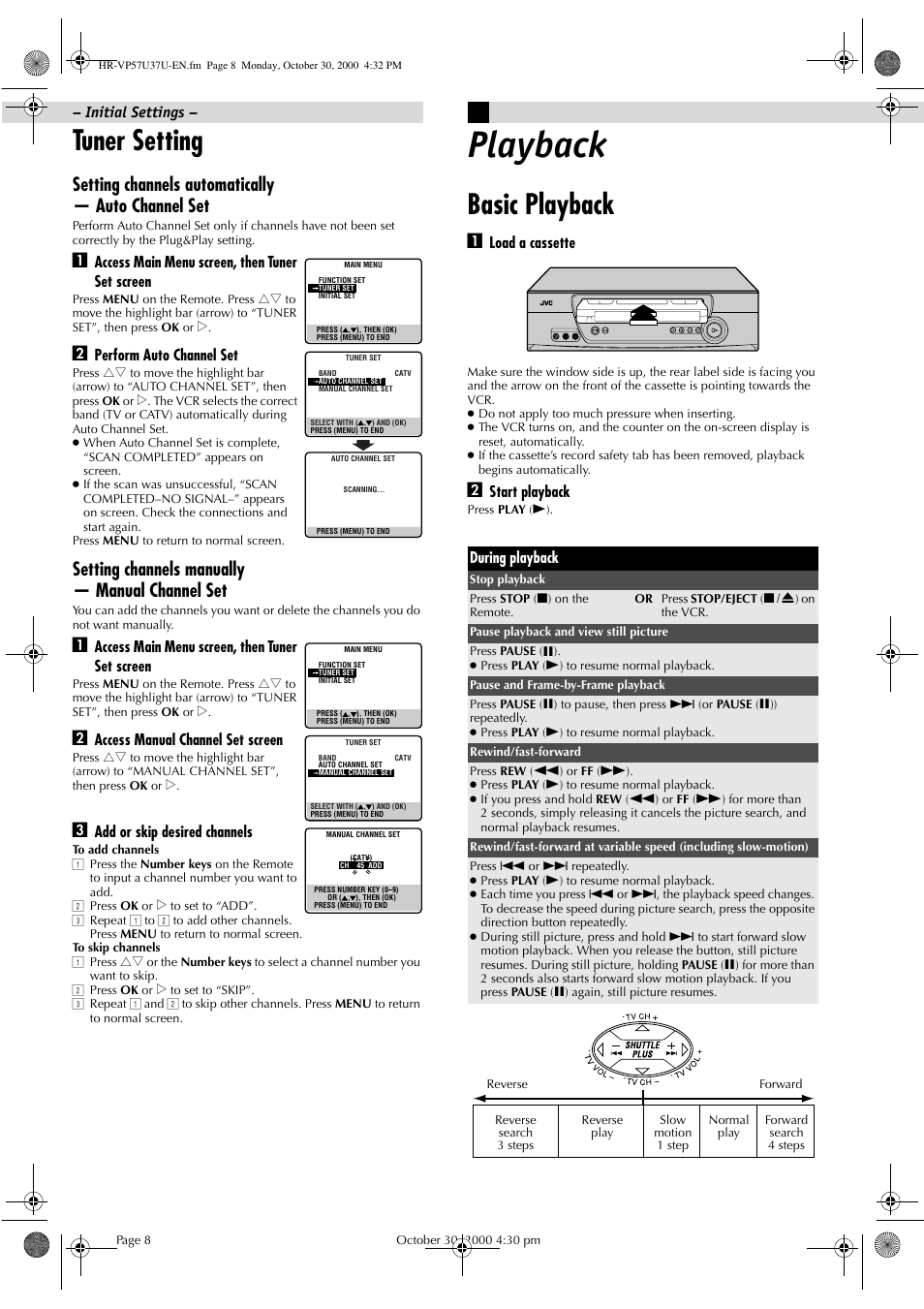 Tuner setting, Playback, Basic playback | Setting channels automatically — auto channel set, Setting channels manually — manual channel set | JVC HR-A57U User Manual | Page 8 / 16