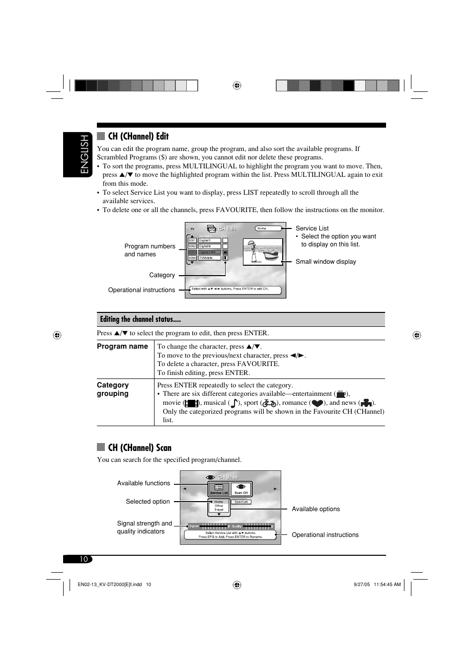 English ch (channel) edit, Ch (channel) scan | JVC KV-DT2000 User Manual | Page 10 / 14