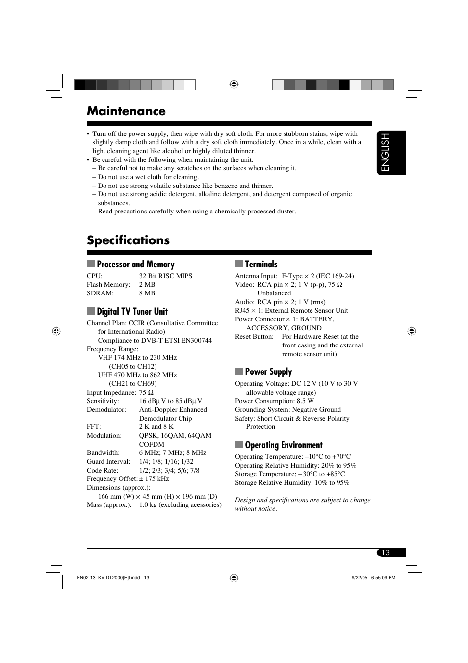 Maintenance, Specifications, English | Digital tv tuner unit, Terminals, Power supply, Operating environment | JVC KV-DT2000 User Manual | Page 13 / 14