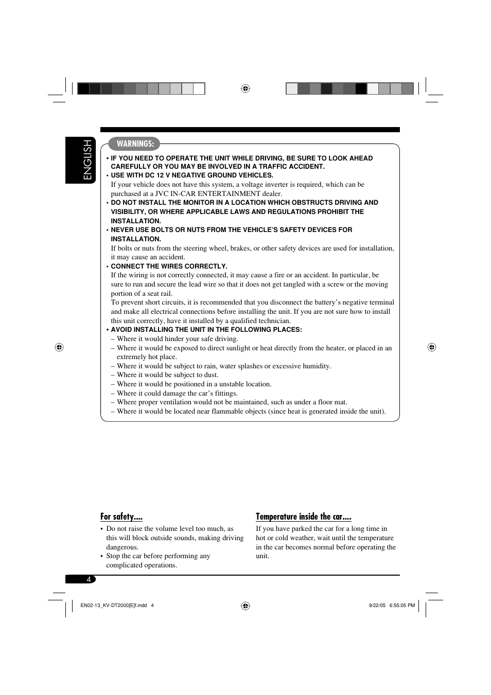 English, Temperature inside the car, For safety | JVC KV-DT2000 User Manual | Page 4 / 14