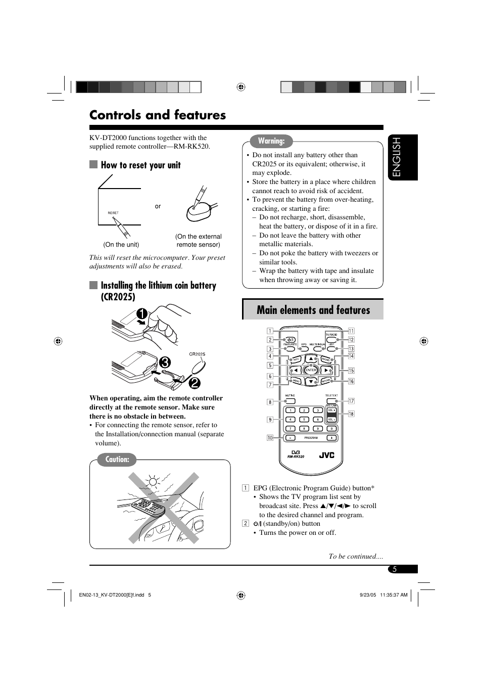 Controls and features, Main elements and features, English | How to reset your unit, Installing the lithium coin battery (cr2025) | JVC KV-DT2000 User Manual | Page 5 / 14