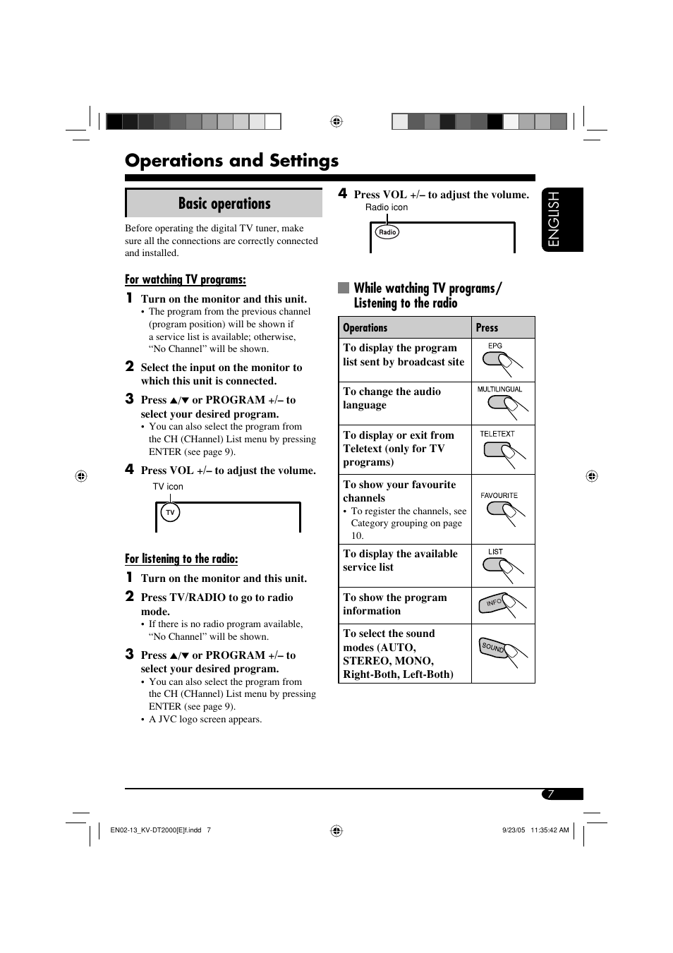 Operations and settings, Basic operations | JVC KV-DT2000 User Manual | Page 7 / 14