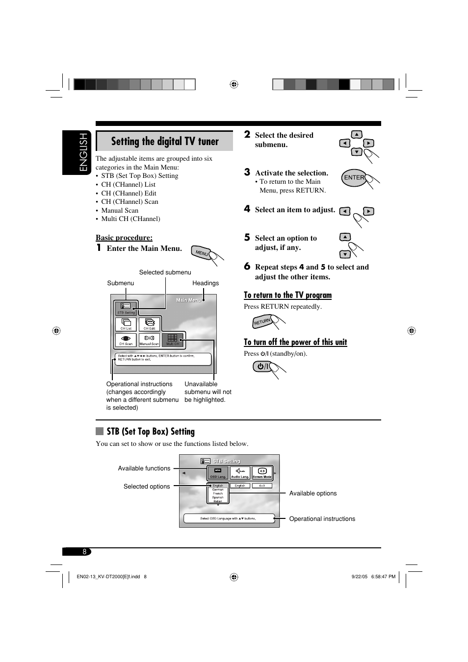 Setting the digital tv tuner, English 2, Stb (set top box) setting | JVC KV-DT2000 User Manual | Page 8 / 14