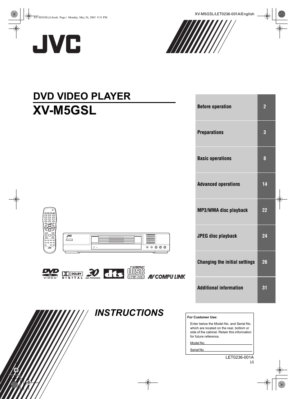 JVC XV-M5GSL User Manual | 43 pages